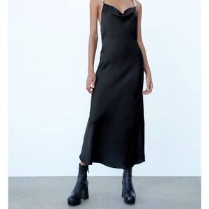 Zara Black Spaghetti Strap Slip Midi Dress